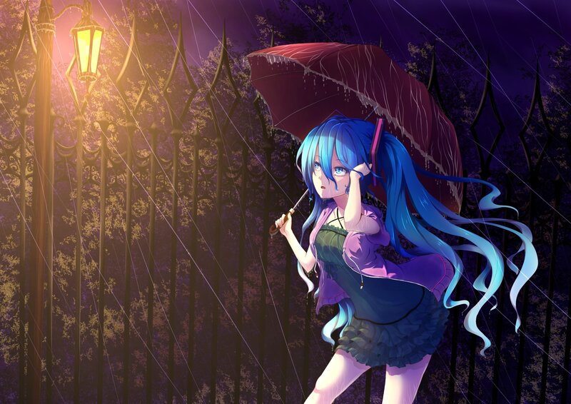 Blue-haired Girl with Umbrella — Purple, Dramatic, Night