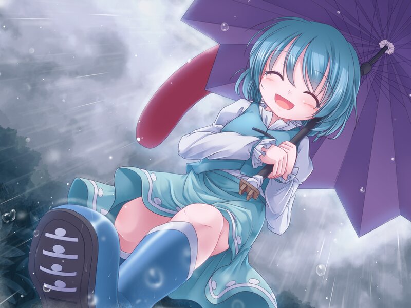 Blue-haired Girl with Umbrella — Purple, Playful, Anime