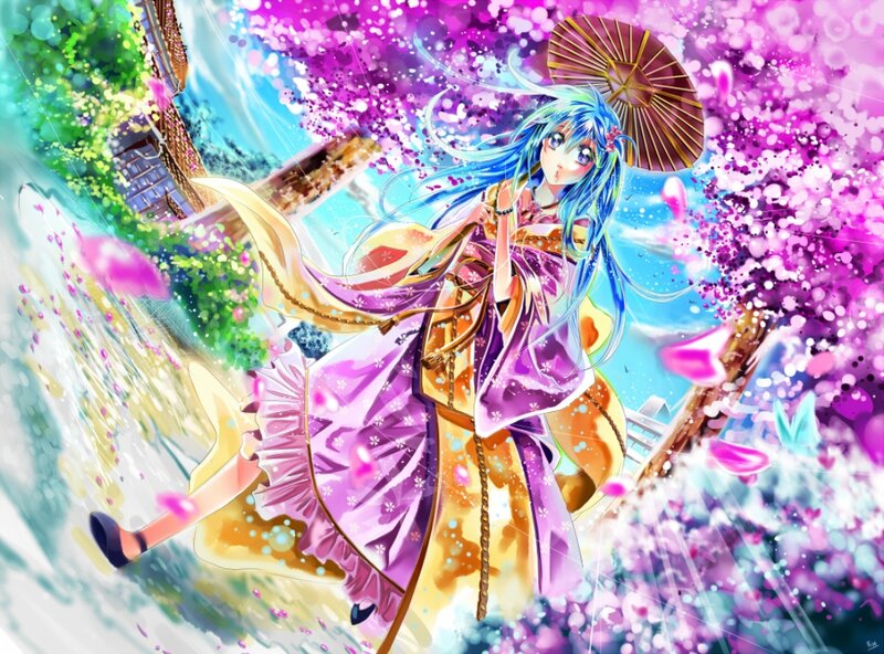 Blue-haired Girl with Umbrella — Purple, Vibrant
