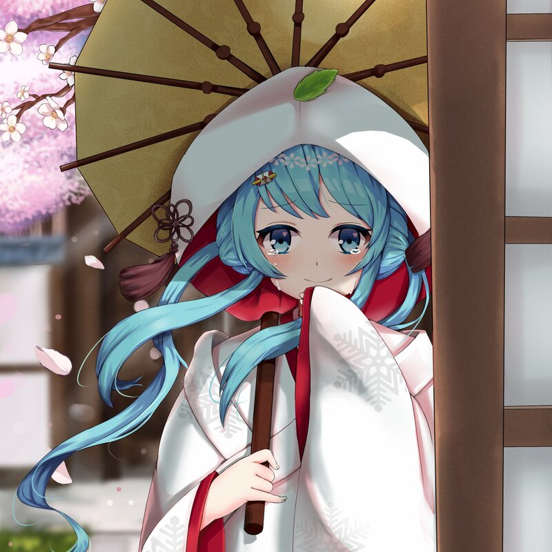 Blue-haired Girl with Umbrella — White, Serene