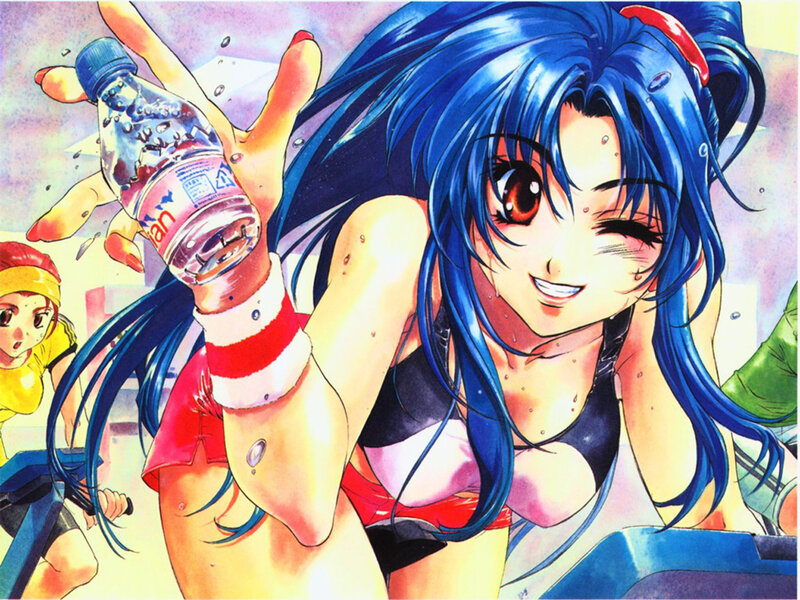 blue-haired girl with water bottle