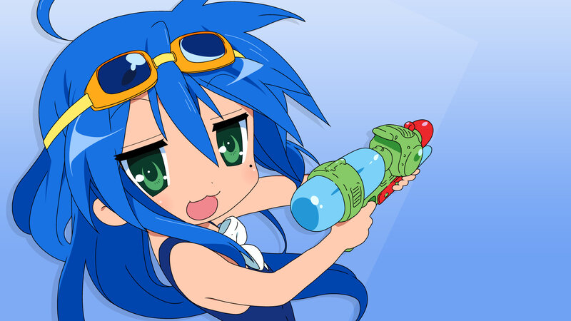 blue-haired girl with water gun