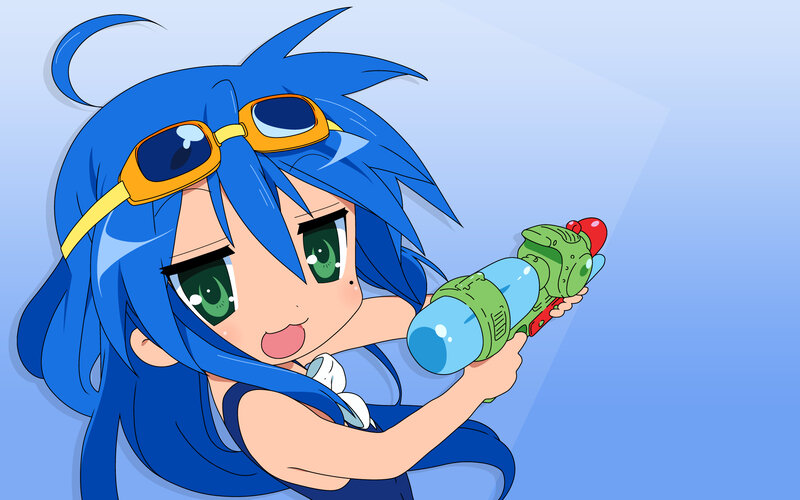 blue-haired girl with water gun