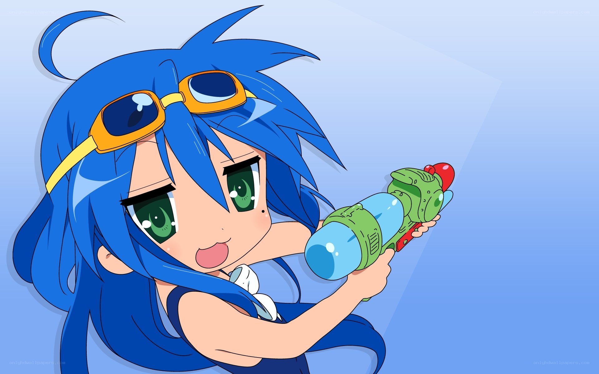 blue-haired girl with water gun