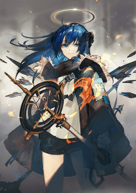 Blue-haired Girl with Weapon — Blue, Dramatic, Digital Art