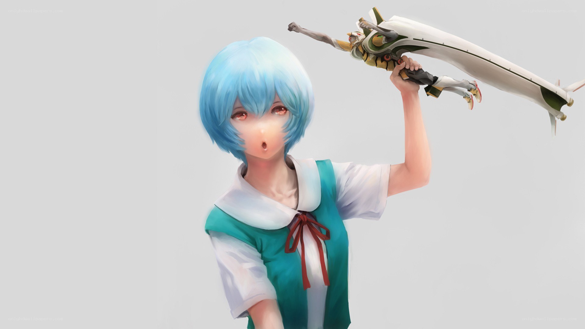 Blue-haired girl with weapon