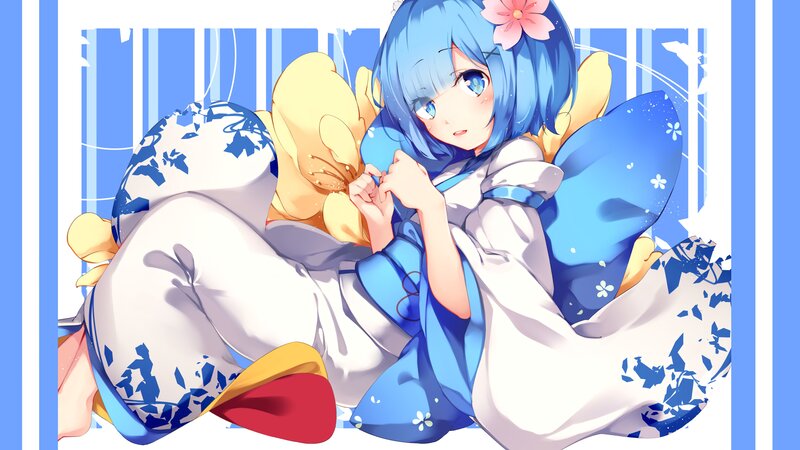 Blue-haired Girl with Wings — Blue, Calm, Anime, Flower, Pillow