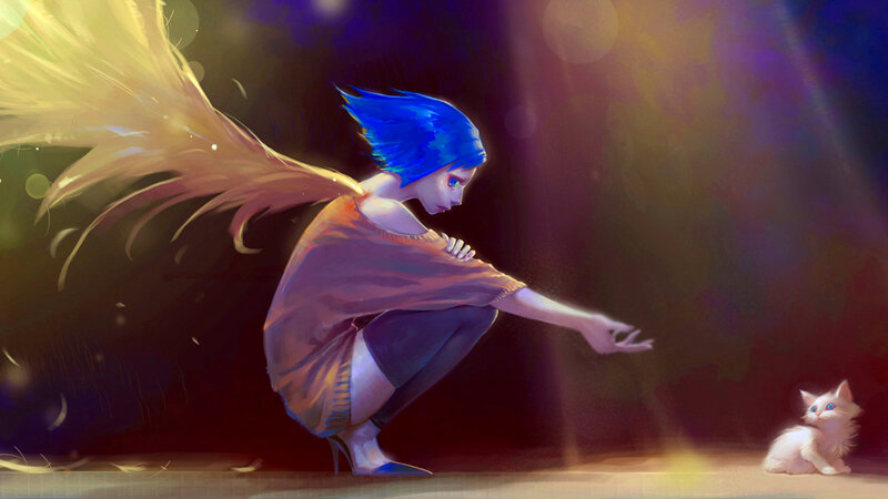 Blue-haired Girl with Wings — Blue, Dramatic, Night, Digital Art, Cat, High Heels