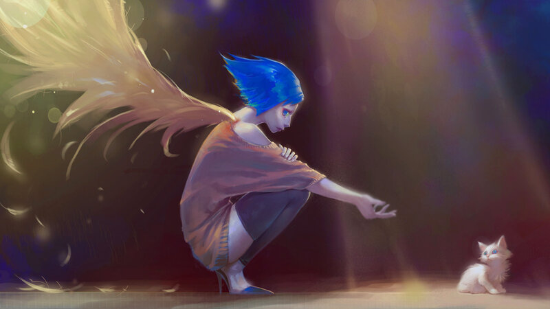 Blue-haired Girl with Wings — Blue, Dramatic, Night, Digital Art, Cat