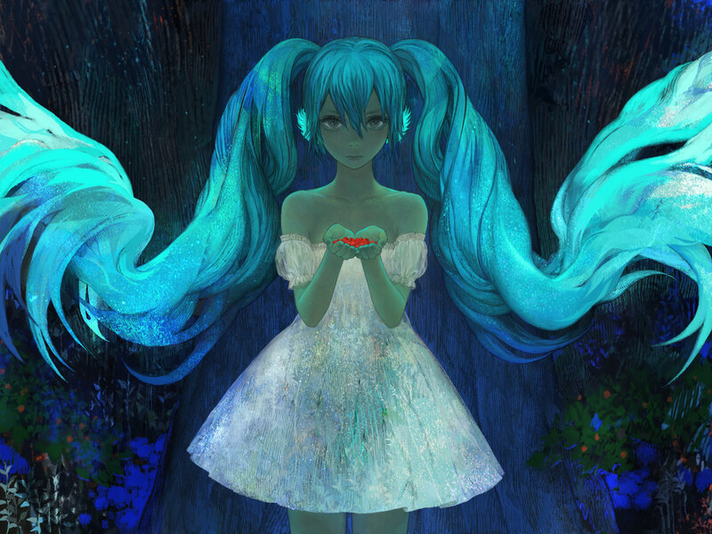 Blue-haired Girl with Wings — Blue, Dramatic, Night, Digital Art, Dress