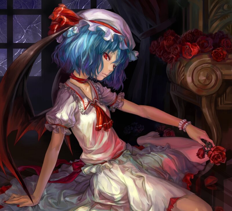 Blue-haired Girl with Wings — Blue, Dramatic, Night, Digital Art, Roses