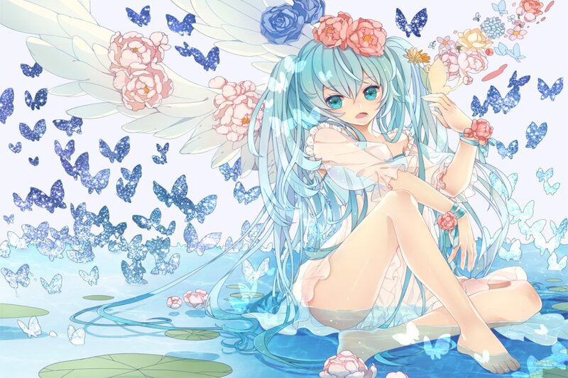 Blue-haired Girl with Wings — Blue, Serene, Anime, Butterflies