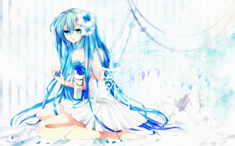 Blue-haired Girl with Wings — Blue, Serene, Anime, Flowers