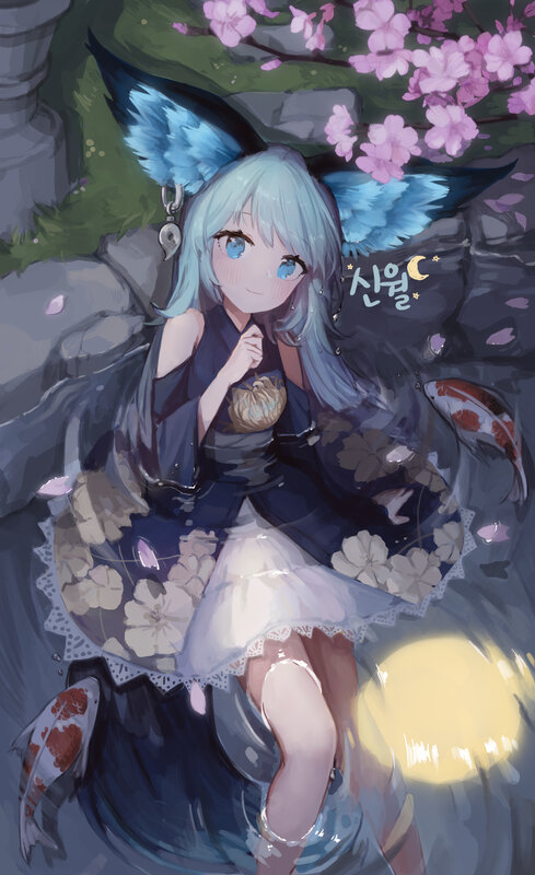 Blue-haired Girl with Wings — Blue, Serene, Night, Digital Art, Koi Fish