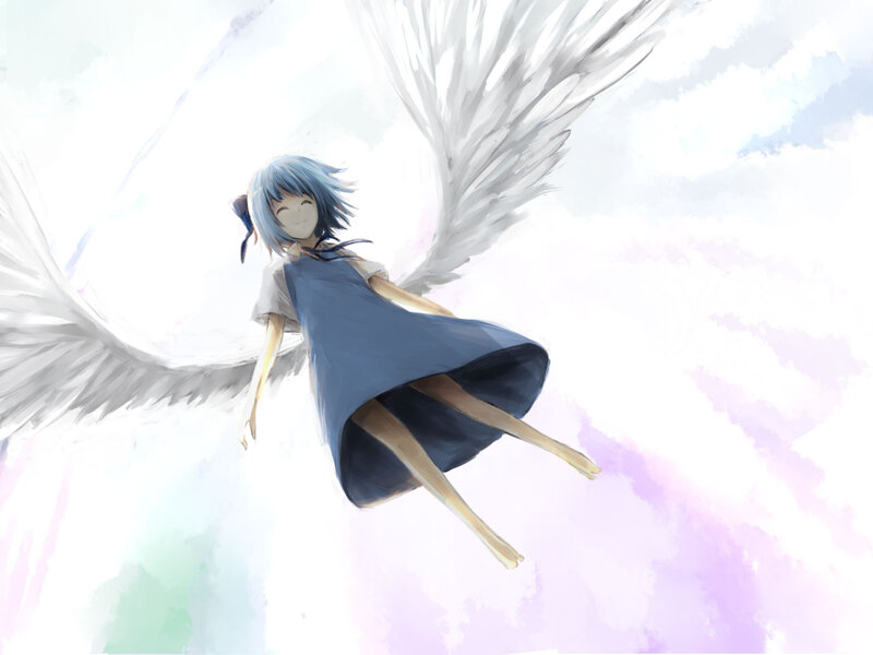 Blue-haired Girl with Wings — White, Serene