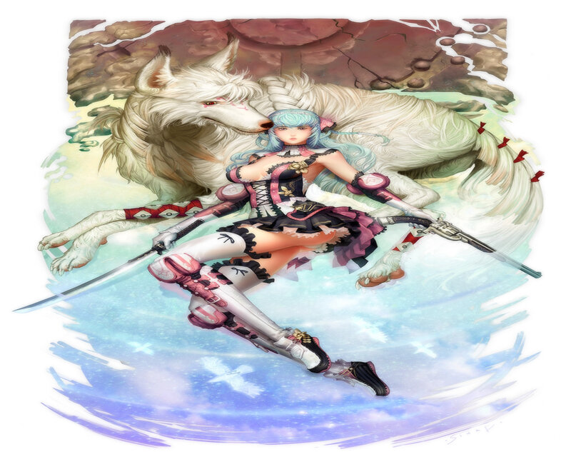 Blue-haired Girl with Wolf