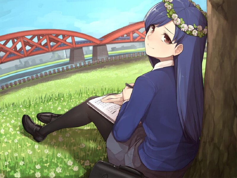 Blue-haired Girl Writing — Blue, Serene