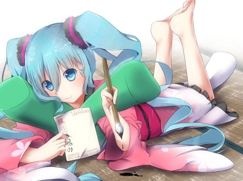 Blue-haired Girl Writing — Pink