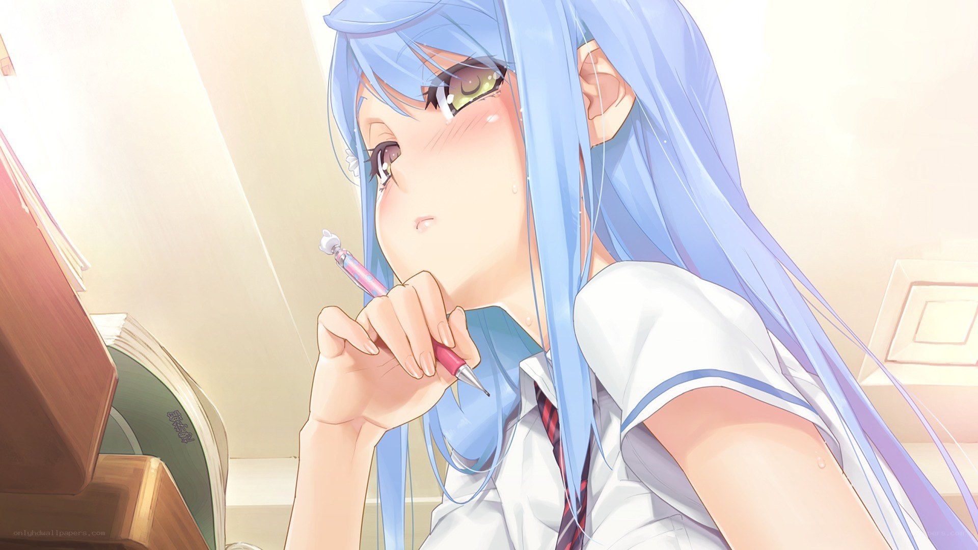 blue-haired girl writing
