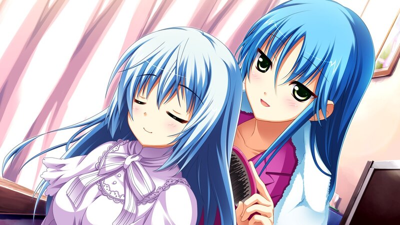 Blue-haired girls brushing hair