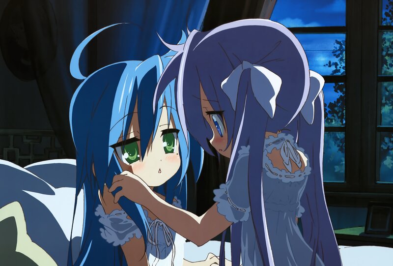 Blue-haired girls in a bedroom