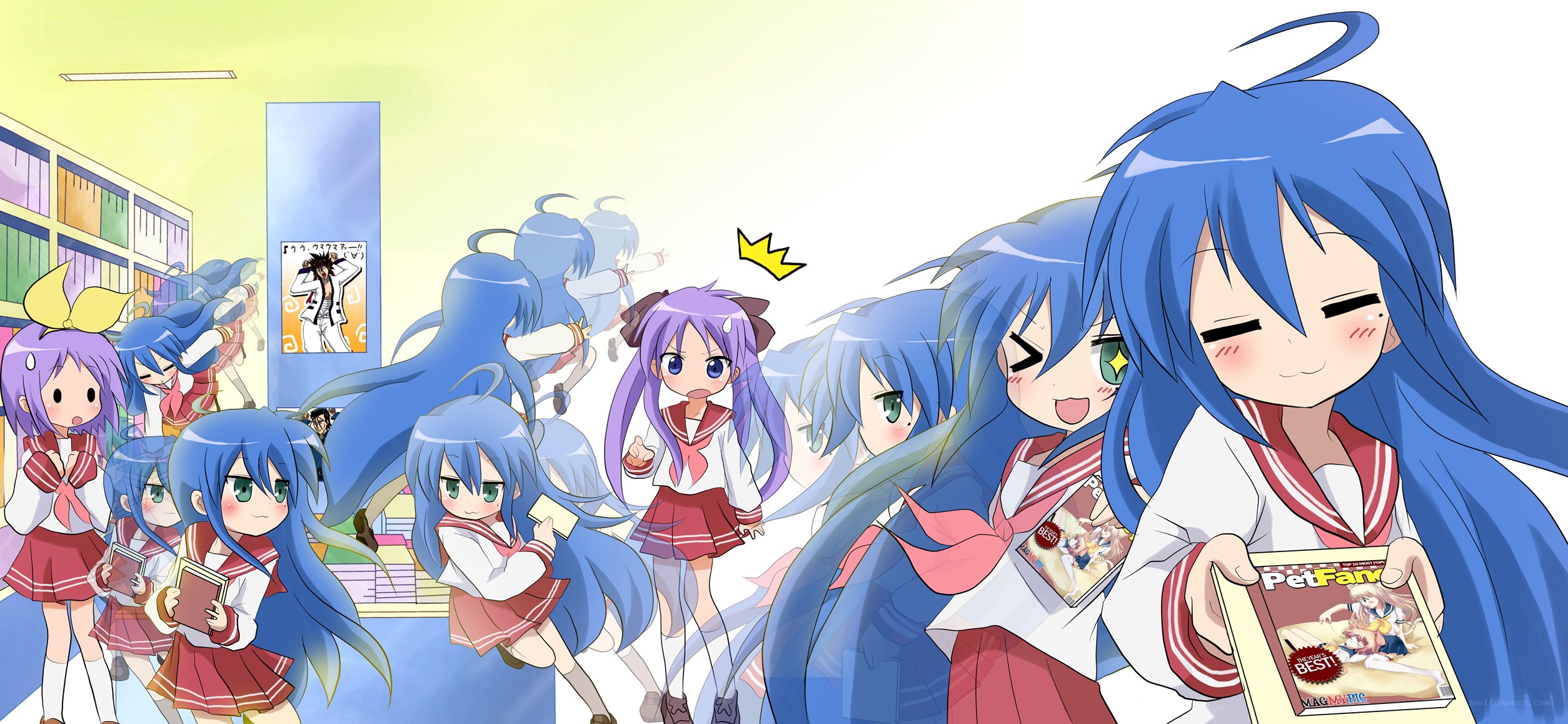 Blue-haired girls in a library