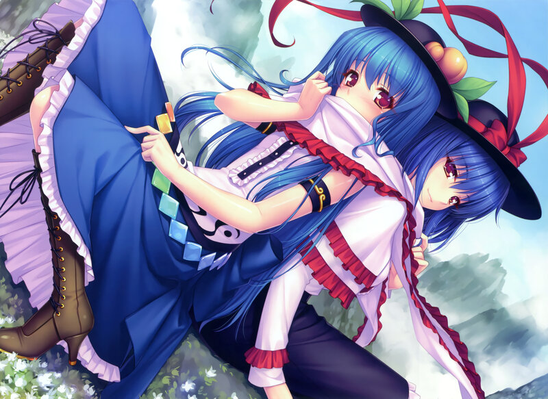 Blue-haired girls in a playful embrace