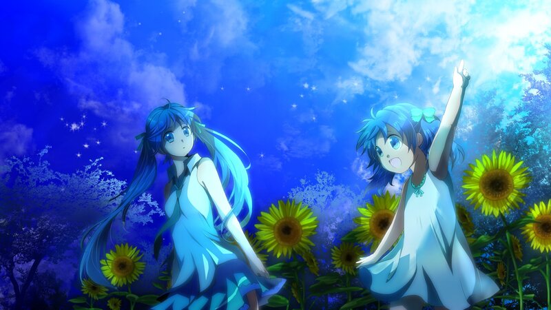 Blue-haired girls in a sunflower field