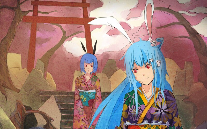 Blue-haired girls in kimonos at shrine