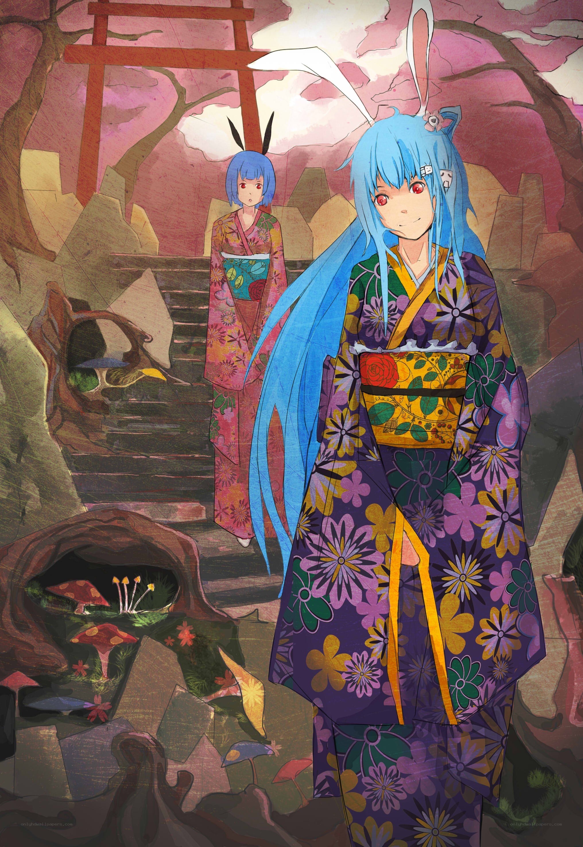Blue-haired girls in kimonos