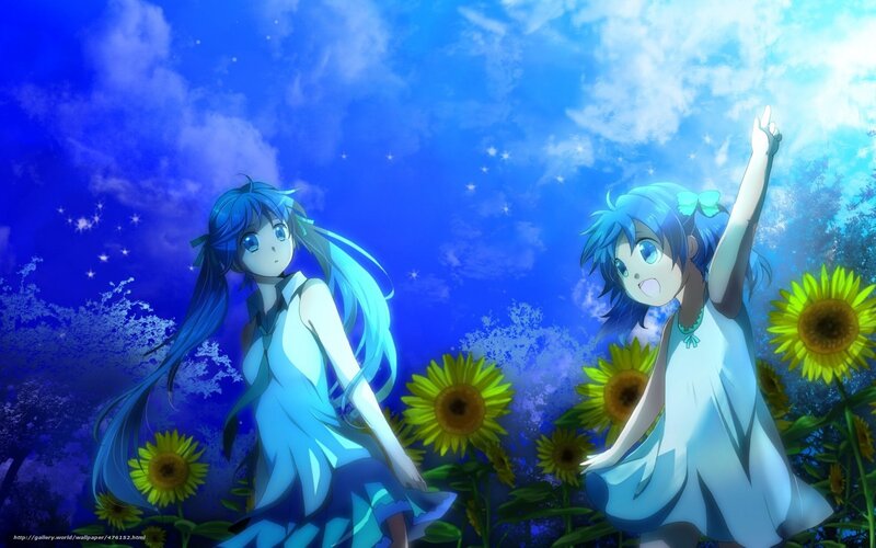 blue-haired girls in sunflower field