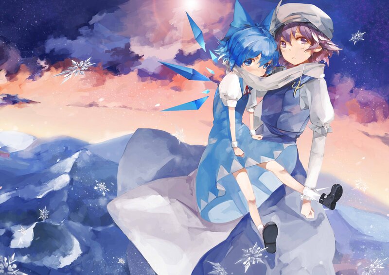 Blue-haired girls on a snowy peak