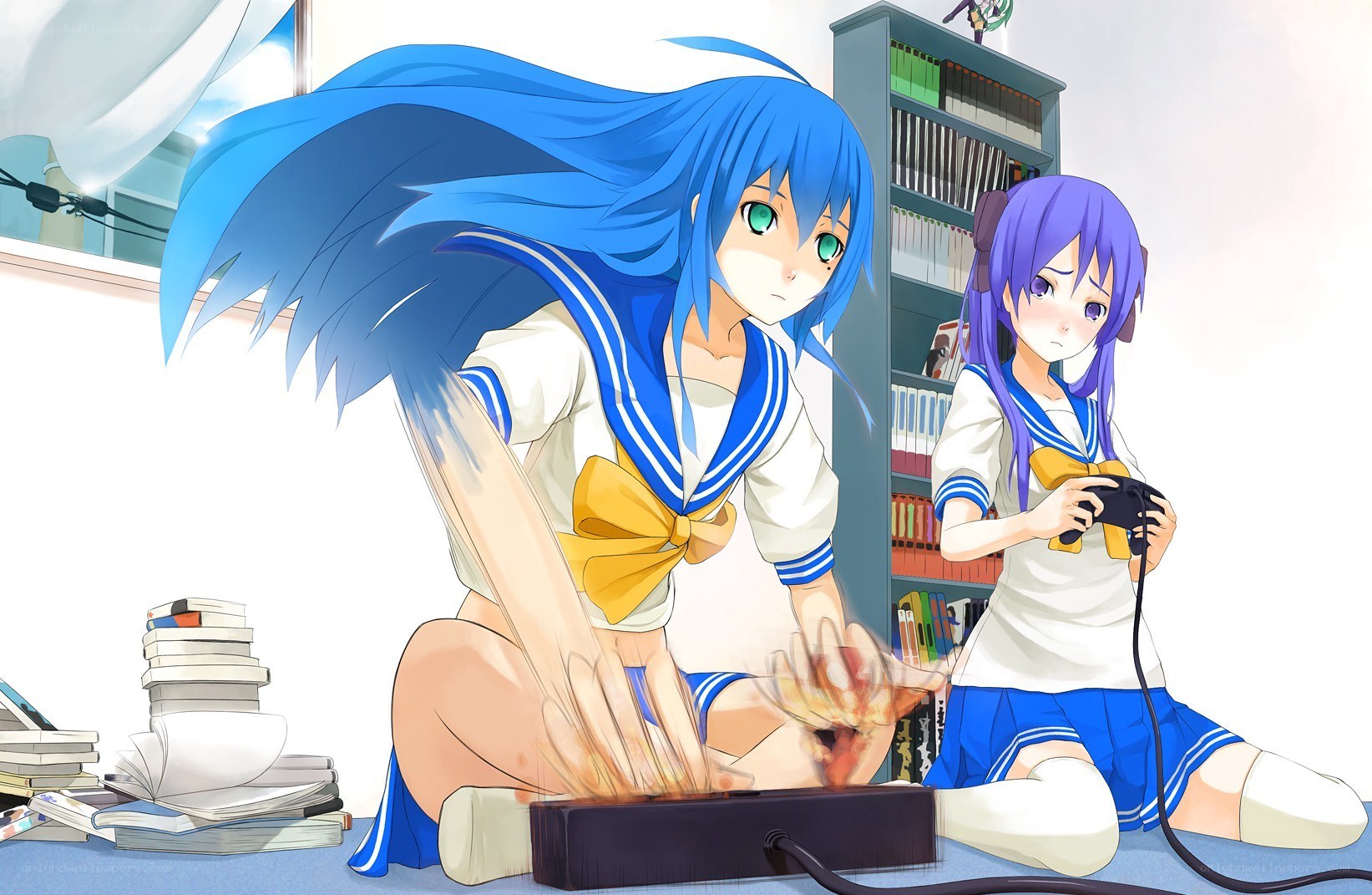 Blue-haired girls playing video games