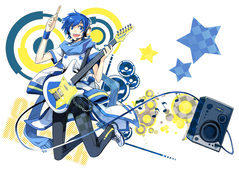 blue-haired guitarist in action