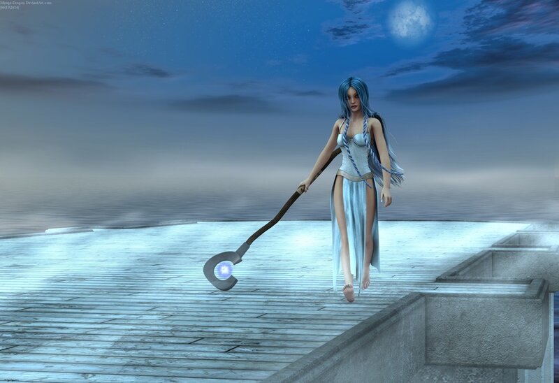 Blue-haired mage on a dock