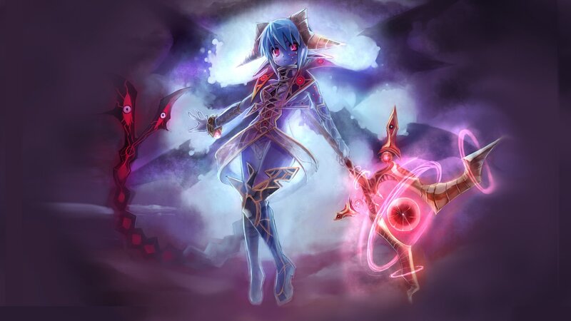 Blue-haired mage with magical weapons