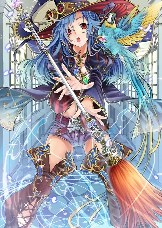 Blue-haired mage with parrot