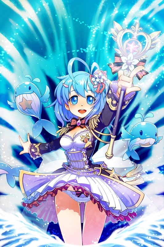 Blue-haired mage with whale companions