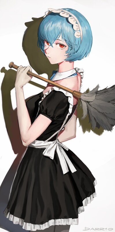 Blue-haired Maid Holding Broom