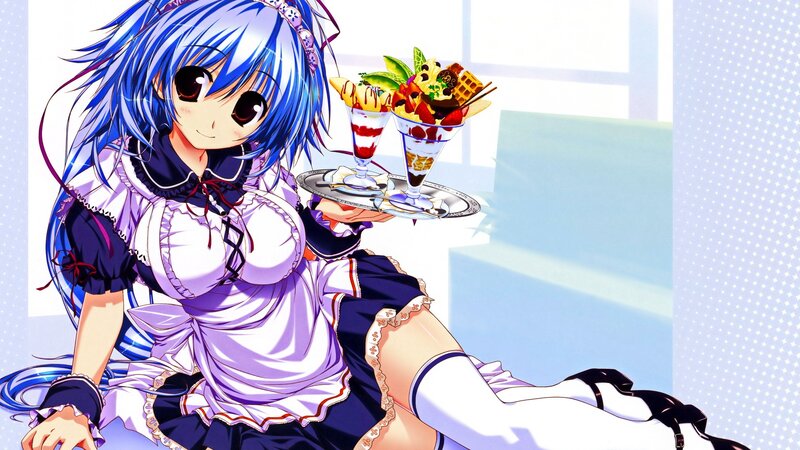Blue-haired Maid Holding Dessert — Blue, Cheerful