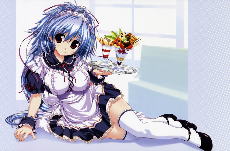 Blue-haired Maid Holding Dessert — Blue