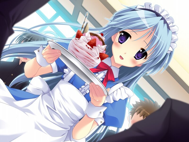 Blue-haired Maid Holding Dessert