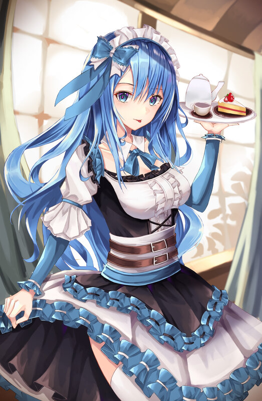 Blue-haired Maid Holding Tray — Blue