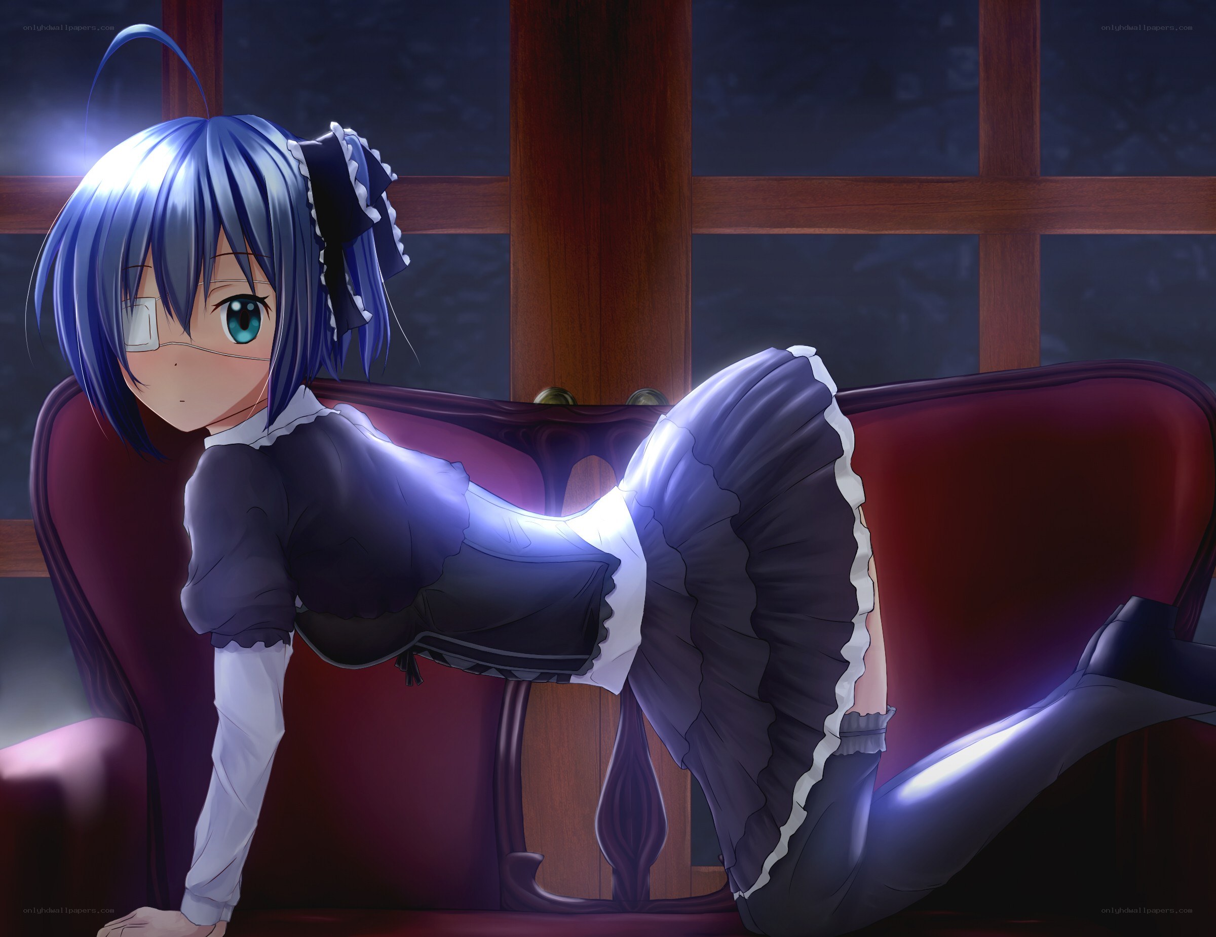 blue-haired maid on a couch