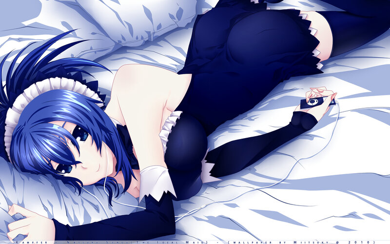 blue-haired maid on bed