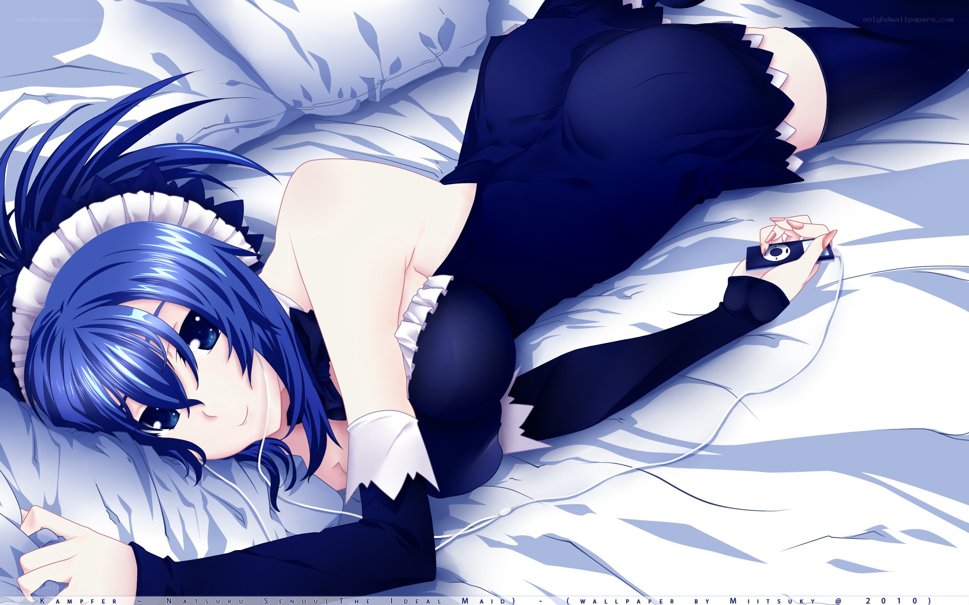 blue-haired maid on bed