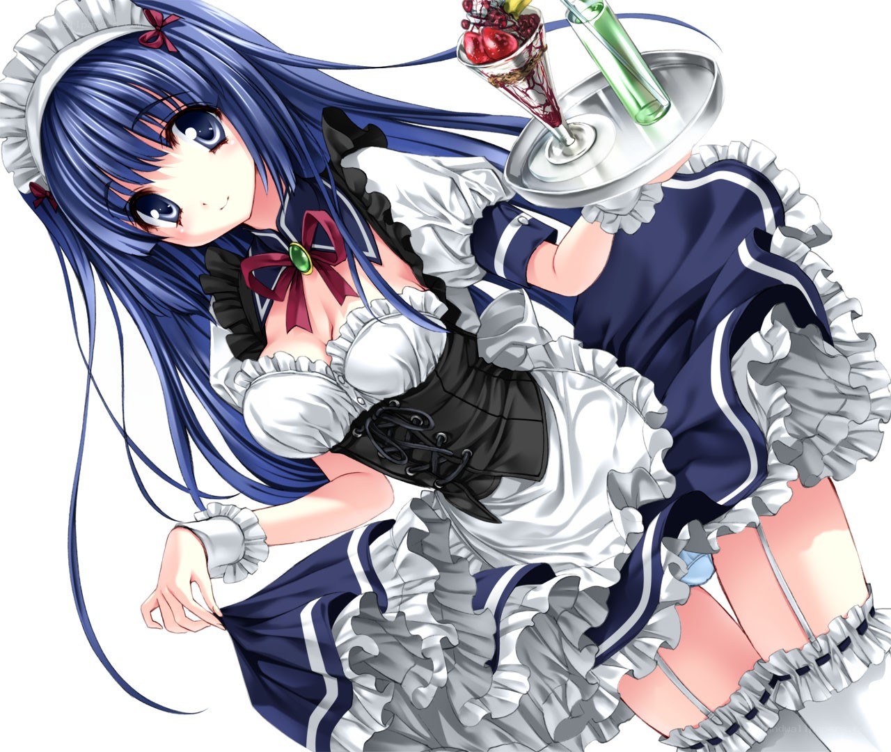 blue-haired maid with dessert tray
