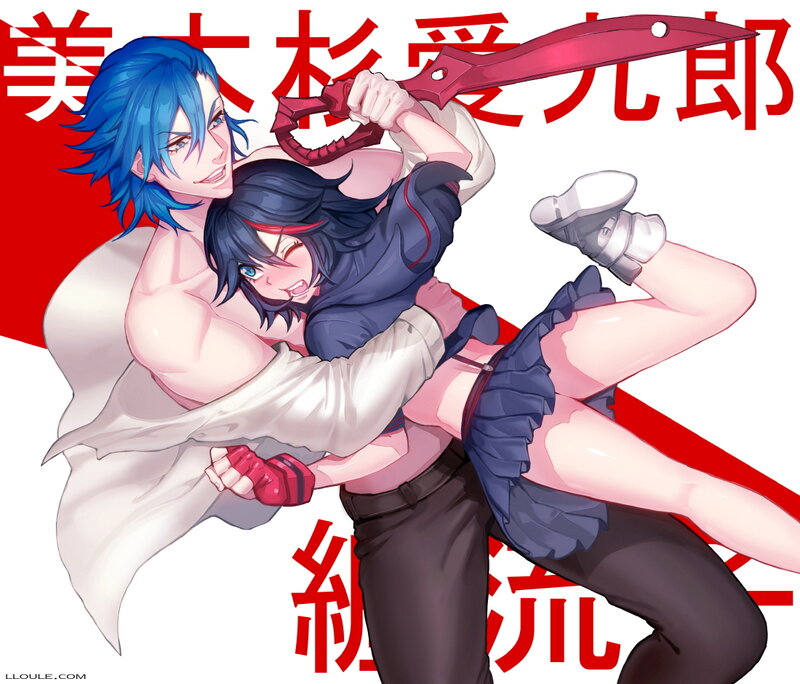 Blue-haired Man Holding Woman — Red