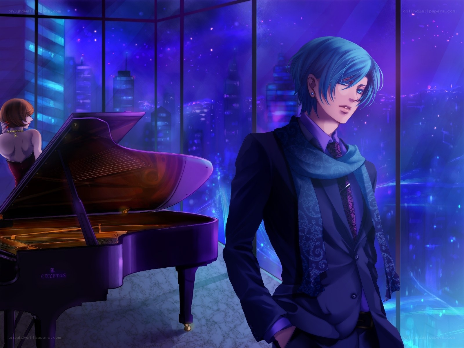 Blue-haired man near piano