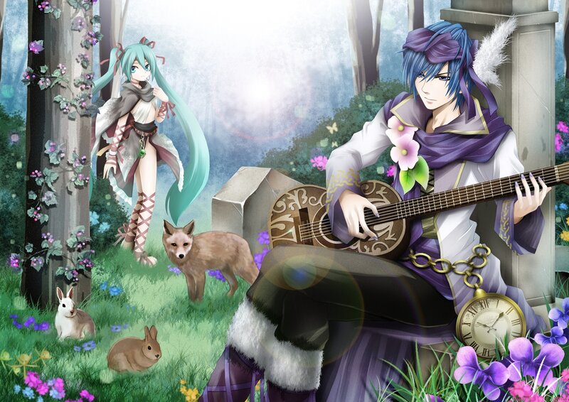 Blue-haired Man Playing Guitar — Purple, Serene